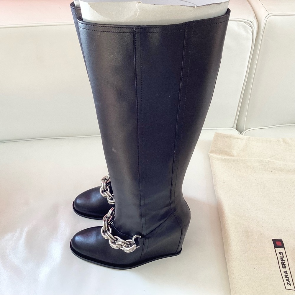 Zara Long Black Leather Wedge Silver Metal Chain Boots SZ 6 - Picture 10 of 14
